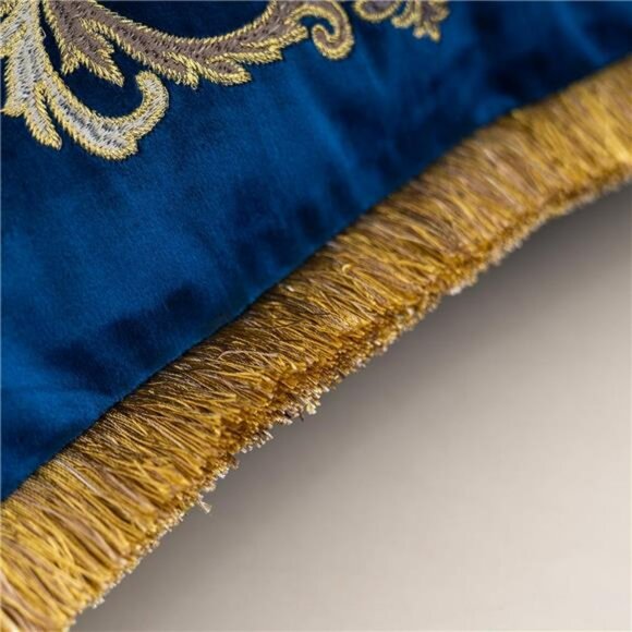 Navy Blue Velvet Floral Throw Pillow Cover 18x18 Embroidered Decorative Cushion - Picture 5 of 8